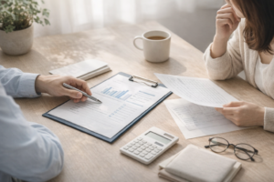 FP相談の流れや準備する書類をイメージしたデスク風景