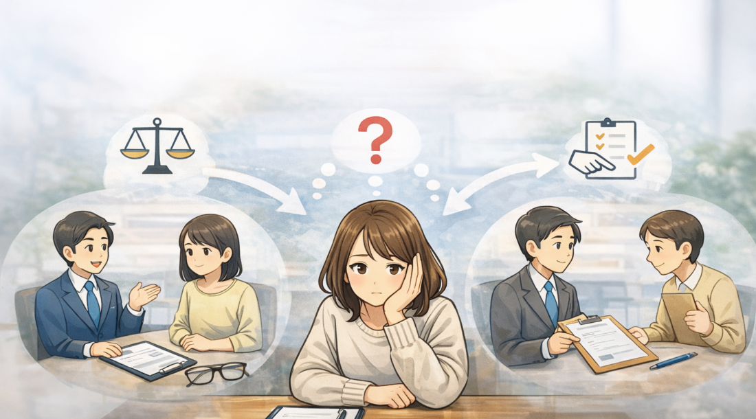 FP相談サービスを比較しながら、自分に合う相談先を考えている女性のイラスト