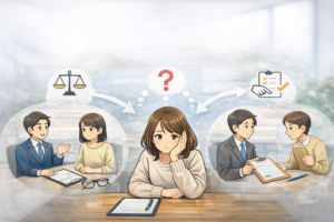 FP相談サービスを比較しながら、自分に合う相談先を考えている女性のイラスト