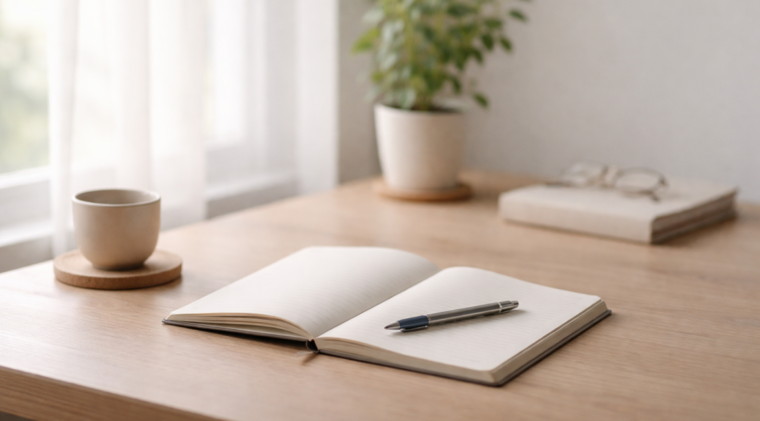 FP相談を一度見送ったあと、再び考え始める静かな時間を表したデスクの風景