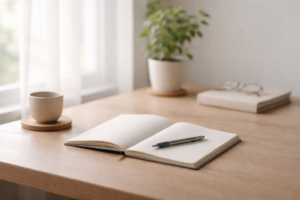 FP相談を一度見送ったあと、再び考え始める静かな時間を表したデスクの風景