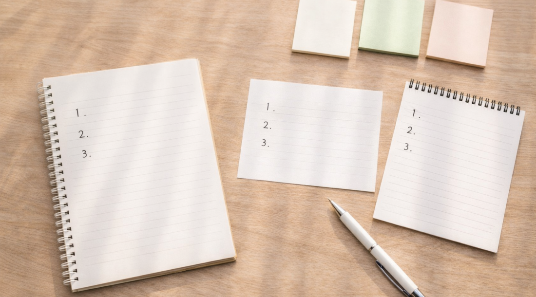 ノートとペン、メモ用紙が整えられたデスクの俯瞰写真。FP相談で質問内容を整理するイメージ