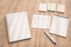 ノートとペン、メモ用紙が整えられたデスクの俯瞰写真。FP相談で質問内容を整理するイメージ