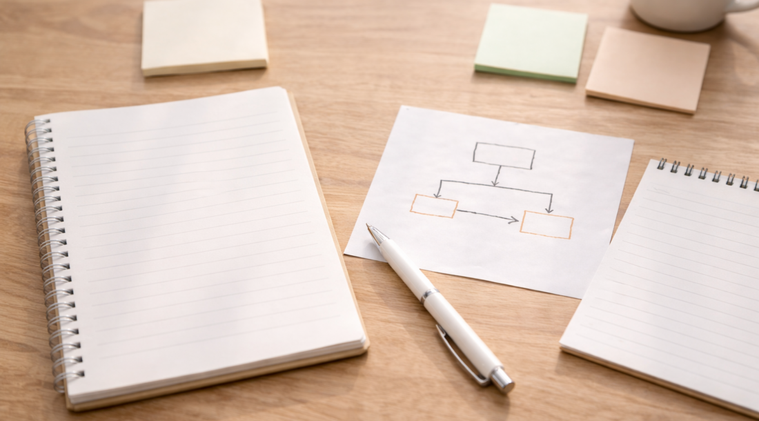 ノートとメモ、ペンが並んだデスクの俯瞰写真。教育費の準備を考えるイメージ