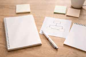 ノートとメモ、ペンが並んだデスクの俯瞰写真。教育費の準備を考えるイメージ