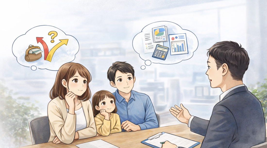 ファイナンシャルプランナーと家族が相談している場面のイラスト