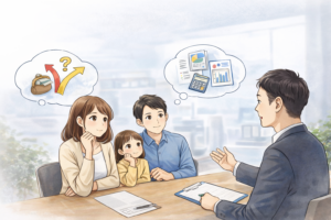 ファイナンシャルプランナーと家族が相談している場面のイラスト