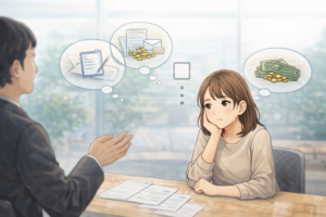 ファイナンシャルプランナーと相談しながら考え込んでいる女性のイラスト