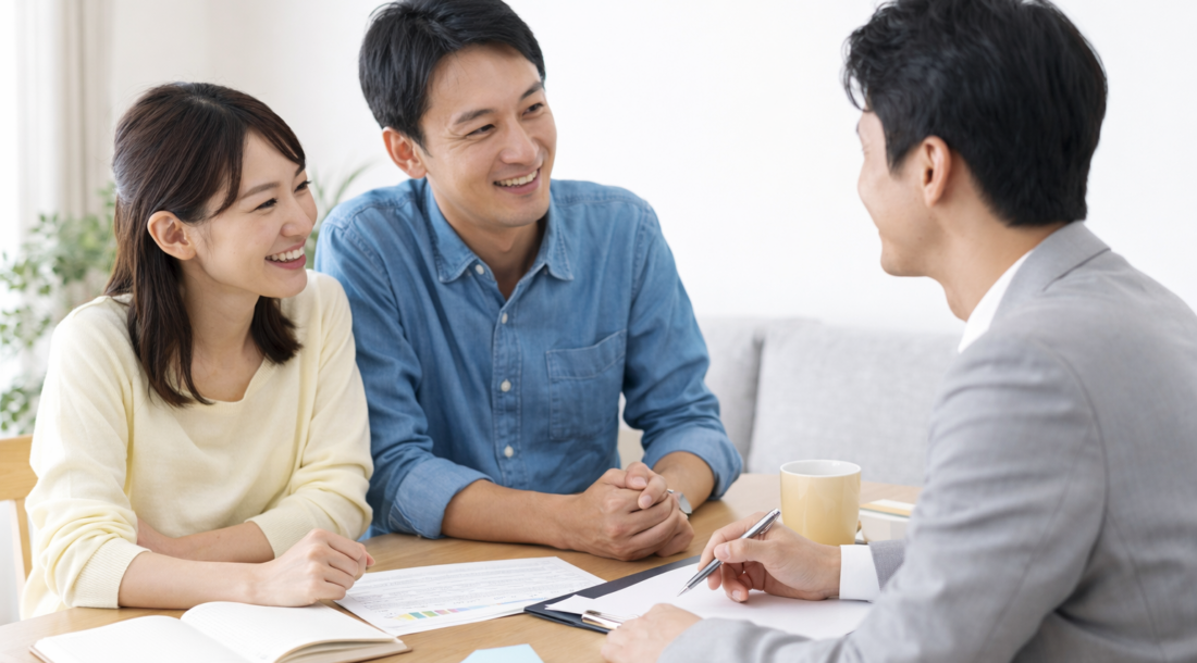 家計や保険についてファイナンシャルプランナーに相談しながら話し合う家族の様子