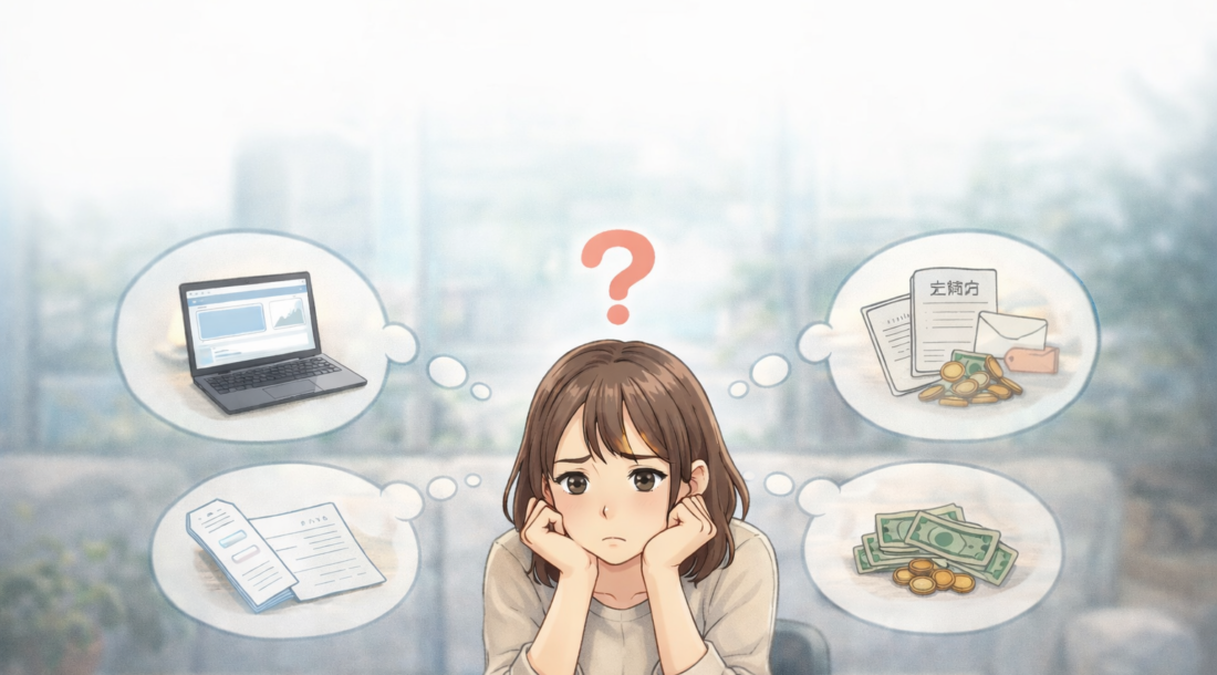 将来のお金について考え込み、判断に迷っている女性のイラスト