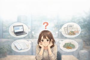 将来のお金について考え込み、判断に迷っている女性のイラスト