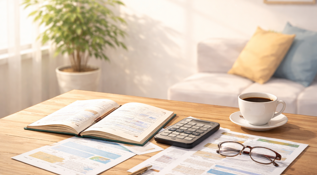 静かな机に並べたノートとメモ、考え事をする朝の雰囲気