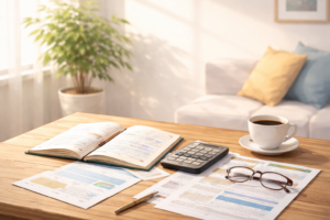 静かな机に並べたノートとメモ、考え事をする朝の雰囲気