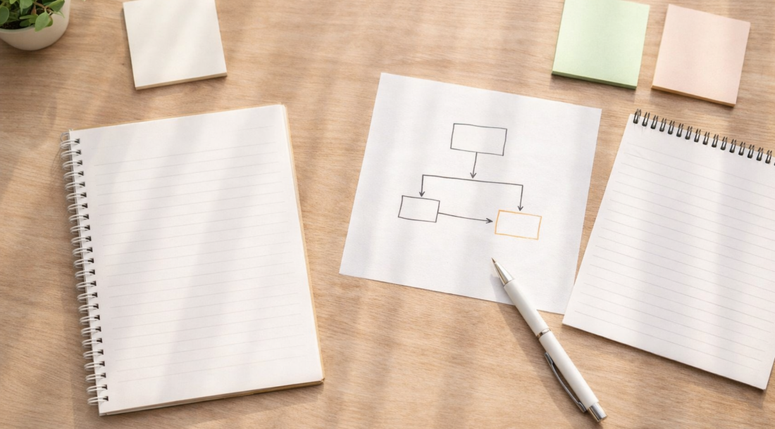 ノートとペン、メモ用紙が並んだデスクの俯瞰写真。FP相談の仕組みや考え方を整理するイメージ